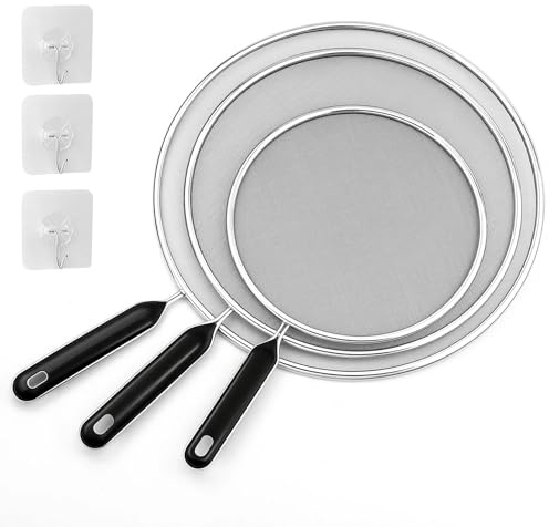 3 pezzi paraspruzzi in acciaio inossidabile, paraschizzi padella, para schizzi per pentole, copertura paraspruzzi, 19 cm, 25 cm, 29 cm, con 3 ganci, per scolare, filtrare e raffreddare gli alimenti