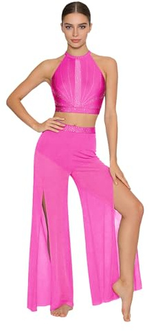 Oyolan Vêtement Danse Lyrique Ballet Femme Costume Danse Contemporaine Moderne Crop Top Strass Pantalon Ample Dancewear