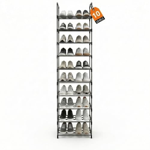 Pincho Zapatero Estrecho, Organizador Zapatos, Shoe Rank, Zapatero Plastico, Zapatero Vertical, Estanteria Zapatos con 10 Baldas, Estanteria de Pie, Shoe Organizer, Organizador Armario - Negro