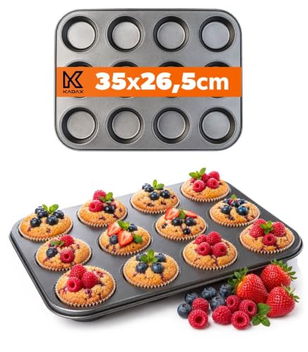 KADAX Muffinsinform, bakform för 12 muffins, 35 x 26,5 cm, av stål, stora krökningar, optimal värmefördelning, ej brandfarlig, flexibel bakplåt för söta bakverk