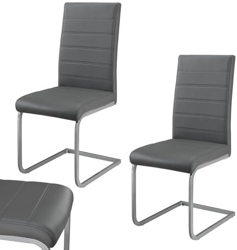 Juskys Freischwinger Schwingstuhl Vegas 2er Set - 2 Esszimmerstühle mit Rückenlehne, Küchenstühle aus Metall & Kunstleder - Stühle modern für Esszimmer, Wohnzimmer & Küche - Grau
