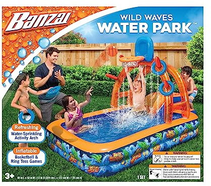 Banzai Wild Waves Water Park, Length: 88 in, Width: 52 in, Height: 53 in, Inflatable Outdoor Backyard Water Splash Toy