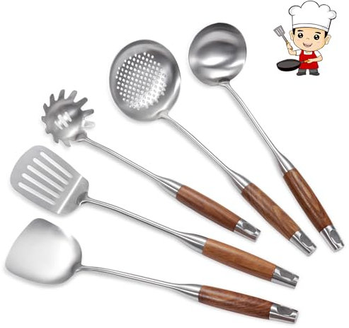 YFWOOD Set di Utensili da Cucina, 5 pezzi Set di Spatole in Acciaio Inossidabile Cucchiaio per Schiumarola Cucchiaio per Pasta Cucchiaio per Wok Spatola, Manico in Legno, Lavabile in Lavastoviglie