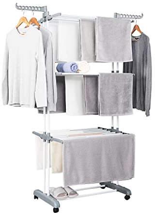 Herzberg Wäscheständer Wäschetrockner-Turm Seitenflügel auf 3 klappbar Beweglicher Kleiderständer - Grau