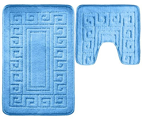 VL Bath Mat Sets 2 Piece Washable 50x80cm – Soft Toilet Mat and Matching Pedestal Mat with Greek Key Pattern – Non-Slip, Quick-Dry, Machine Washable Bathroom Rug for Everyday Use (Blue)