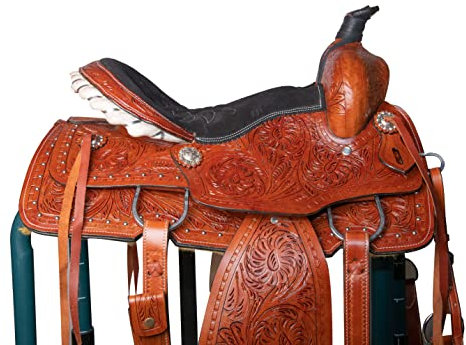 Västerländsk läder handbearbetad äkta läder hästsadel snidad bekväm sits storlek 35 cm till 45 cm nöje trail Barrel Racing
