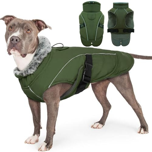 Dog Jacket Waterproof, Large Dog Coats Waterproof with Harness Hole Outdoor Coat Pullover Perfect for Walking Pet in Cold or Wet Days(Army green, 2XL)