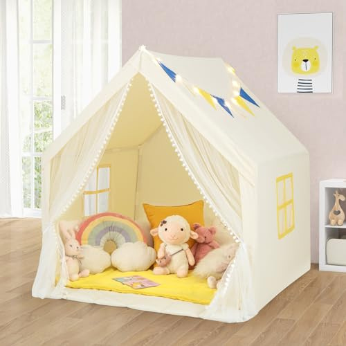 Costzon Kids Tent, Toddler Indoor Outdoor Playhouse w/Windows, Washable Cotton Mat, Star Lights, Hanging Flags & Storage Pocket, Large Play Tent for Boys Girls Holiday Birthday Gift (Beige & Yellow)