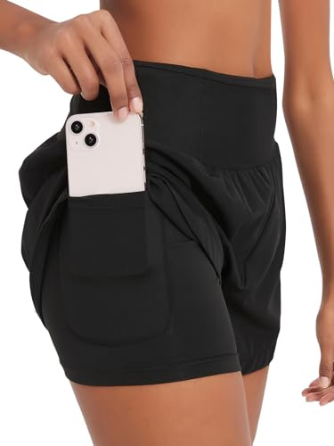 Monbessi Sporthose Damen Kurz mit Taschen Running Shorts High Waist Badeshorts Damen Sommer Tennishose für Yoga, Jogging, Training, Golf(L, Schwarz)