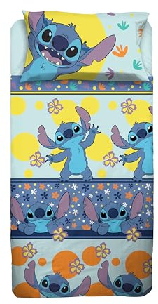 Stitch, Set Lenzuolo Letto Singolo, Completo Letto Singolo Disney, Lenzuolo Sopra, Lenzuolo Con Angoli, Federa, Azzurro, Disney, 100% Cotone, Prodotto Ufficiale