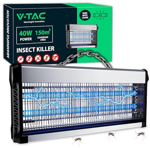 V-TAC Zanzariera Elettrica Potente - 30W con Area di Azione 100 m² - Design Sottile - Zanzariera con Luce Blu UV per Uso Interno ed Esterno - Trappola Elettrica contro Zanzare e Insetti - Potenza 30W