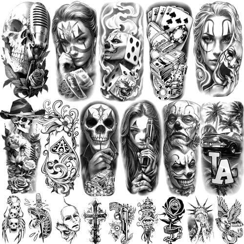77 Fogli Tatuaggi Temporanei, Tatuaggi Finti Chicano Guadalupe Gangster Prigioniero Giorno dei Morti, Cultura Lowrider Messico Clown Tatuaggio Finto per Uomini Donne Adulti
