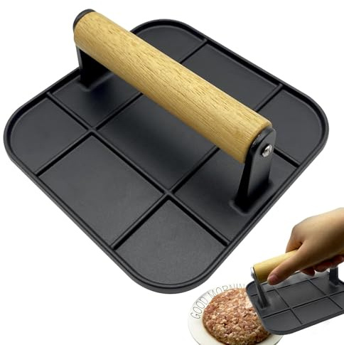 Presse à hamburger robuste – Presse à hamburger en fonte | Presse à hamburger barbecue avec poignée résistante à la chaleur | Presse à gril ronde/rectangulaire en fonte de 16 cm avec poignée