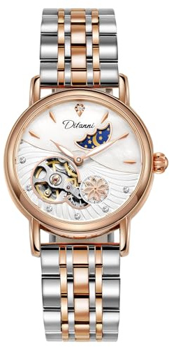 CARLIEN Women's Automatic Mechanical Watch Stainless Steel Moon Phase Leather Band Automatic Automatic Skeleton Dial Waterproof Wristwatch for Women