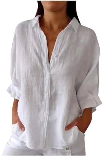Chemise Femme D'éTé Haut Chic Et ÉLéGant Coton Lin T-Shirt Manche Longue Col en V Chemisier Tunique Tops avec Boutons DéContractéS Ample Blouse Lâche Respirant Chemisiers et Blouses Grande Taille