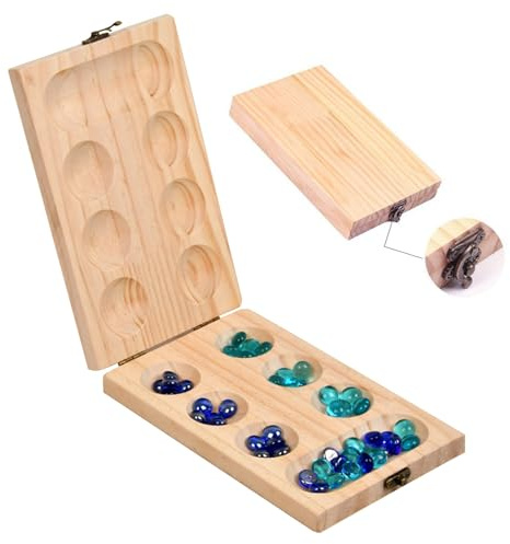 ZUNIPLEX Kalaha, Jeu de Pierres en Bois, Mancala, Jeu de Pierres précieuses pour Enfants,Plateau en Bois Pliable