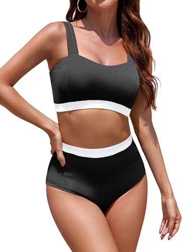 SHEKINI Maillot de Bain Femme 2 Pieces Push Up Sport Bikini Taille Haute Set Deux Pièces Fileté Haut avec Bas Swimwear de Plage