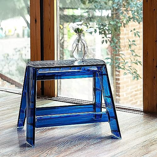 Portable Acrylic Folding Step Stool - 1-Step Ladder for Adults, Transparent Blue Chair for Indoor/Outdoor Use in Kitchen, Library, Office & More - Lightweight & Durable