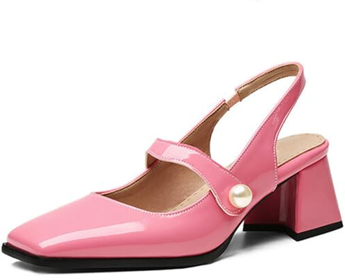 Wtharosa Zapatos Mujer Cuero Charol Tira Perla Mary Jane Tacón Ancho Punta Cuadrada para Trabajo Oficina Commute Diario,Rosado,39 EU