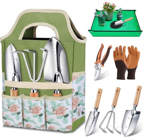 Set di attrezzi da giardino Kynup, set da giardino in acciaio inossidabile da 7 pezzi con borsa per attrezzi da giardino, robusto set di attrezzi da giardino inossidabile per la cura delle aiuole e