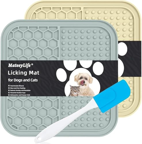 MateeyLife Tappetino Ciotola Grande per Cani Gatti con Ventose - 2 Pezzi - Antiscivolo e Anti-Ansia - Superficie Ruvida per Alimenti Secchi/Umidi, Grigio+Beige, 16 * 16 cm