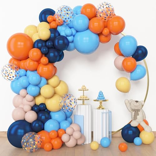 BlueCloudy Kit arco guirnalda globos azul y naranja, diferentes tamaños 45 30 25 12 cm, globos látex azul amarillo perlado confeti, para decoraciones de cumpleaños