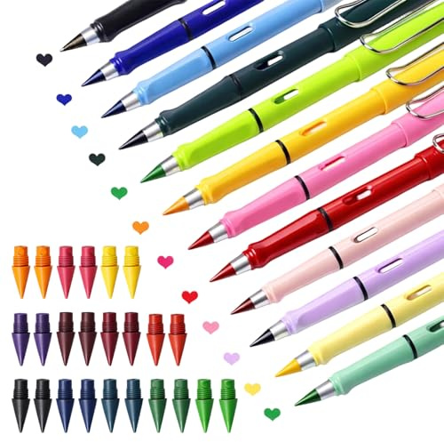 12 Piezas Lápiz Infinito Colores, Lápices de Colores Eternos, Lapiz Infinito con 24 Puntas Reemplazables y Borrador, Lapiceros Reutilizables para Niños, Ideal para Escuela, Oficina, Dibujo