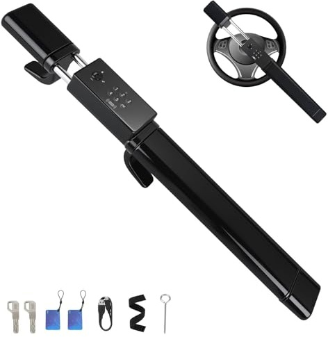 I LITTON Steering Wheel Lock Anti-Theft Device, Smart 4 Unlock Methods Steering Safety Locks Password/IC Card/Backup Key/NFC, Adjustable Length Steering Wheel Security Lock for Vehicles Truck SUV RV