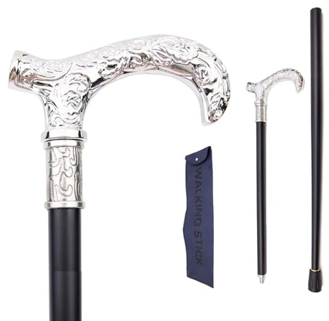 Bastón de Caminar Metálico Platado Plata – Ornado & Tallado, Estilo Británico, Elegante & Lujoso para Senderismo, Cosplay, Uso Diario & Regalo