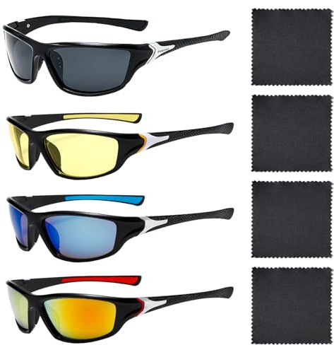 Carreuty 4Pack Sports Polarised Sunglasses for Men Women, UV400 Protection Wrap Around Night Glasses Set with Sunglasses Cloth, Mens Bike Goggles for Cycling Running Driving Fishing Golf