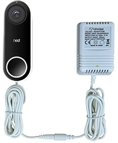 OhmKat Video Doorbell Power Supply- Compatible with Nest Hello - 230V Type-G UK Plug - No Existing Wiring Required - Transformer, Adapter, Power Kit & Supply All in One (White)
