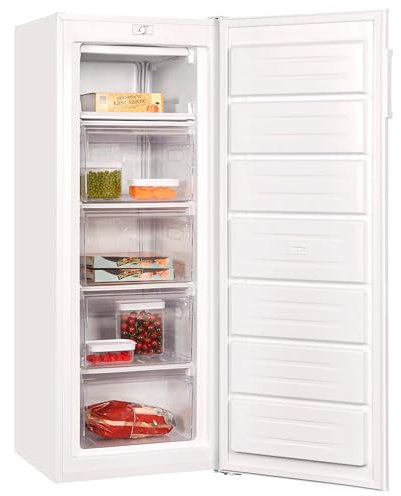 Exquisit Congelador Vertical, 168L, Clase D, Color Blanco, Altura Regulable, Ruedas Traseras, 4 Cajones Transparentes y 1 Bandeja de Fácil Acceso, Consumo 152 kWh/año, Medidas 142,6x54,4x57,1 Cm