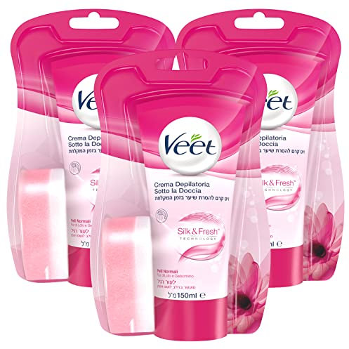 3x Veet Crema Depilatoria Sotto la Doccia Silk & Fresh Technology per Pelli Normali Idratante e Profumata con Spugna per l'Applicazione in Dotazione - Tubetto da 150ml