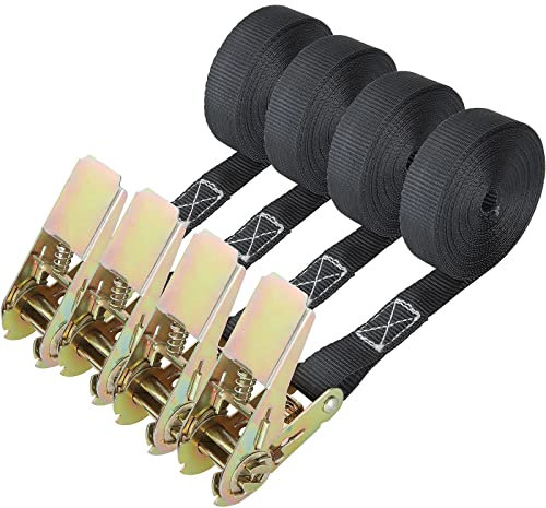 LOLYSIC 4Pcs Ratchet Straps, 25mm x 6M Heavy Duty Ratchet Tie Down Straps, 800KG No Hook Endless Ratchet Tensioning Belts for Motorcycle Motorbikes Van Securing Cargo Luggage, Black