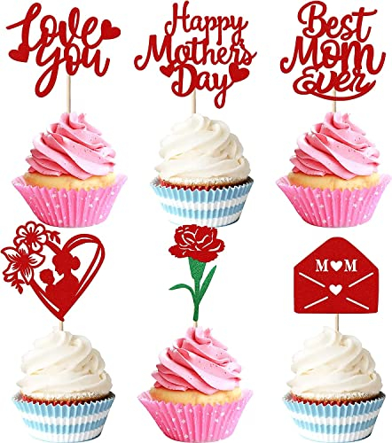 24 Stück Happy Mother's Day Tortendeko Glitzer Rose Briefkasten Love You Mom Kuchen Dekoendeko Cupcake Toppers Best Mom Torten Dekorationen für Muttertag Partyzubehör Rot