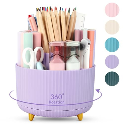 SKYDUE 360 Rotating Purple Pen & Art Supply Organizer - 5 Slot Desk Organizer for Office, School, Home
