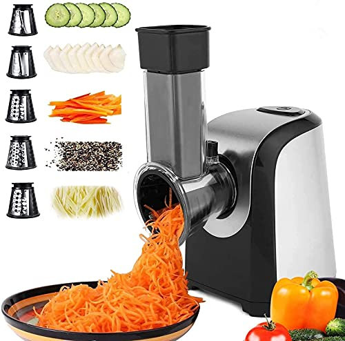 Mandoline Electrique 150W Râpe Electrique avec 5 Lames Cônes Cuisine Mandoline Acier Inoxydable Trancheuse à Salade Multifonction Hachoir Légumes Coupe Légumes