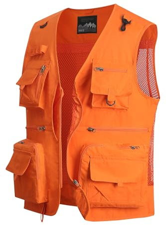 MeiLayM Utomhus fiskeväst för män med flera fickor användbar väst ledig andningsbar fotografi väst snabbtorkande ärmlös jackor toppar camping jaktväst, Orange, M