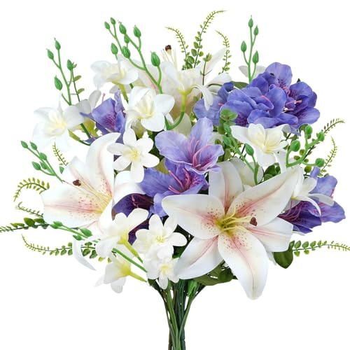 Zythrem 10 PCS Spring Flowers Artificial Lilies Bouquet Fake Easter Cemetery Flowers Silk Flower Arrangements for Vase Home Table Centerpieces Wedding Indoor Grave Decorations (Pueple White)