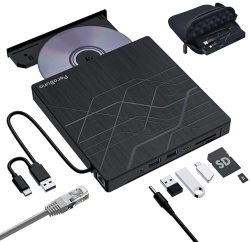 Super Masterizzatore DVD Esterno, USB 3.0 Lettore CD Esterno con Adattatore Ethernet, 3 Porte USB e 2 Porte TF/SD Card, Unità Esterna CD/DVD -/+RW per PC Portatile Windows Linux Mac OS con Custodia