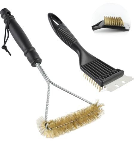 Fyfjur 2 Piezas Cepillo Barbacoa, Cepillo para Parrilla de Latón 2 en 1 para Limpieza Profunda con Rasador de Acero Inoxidable, Resistente al Calor y Antioxido Cepillo para Parrilla