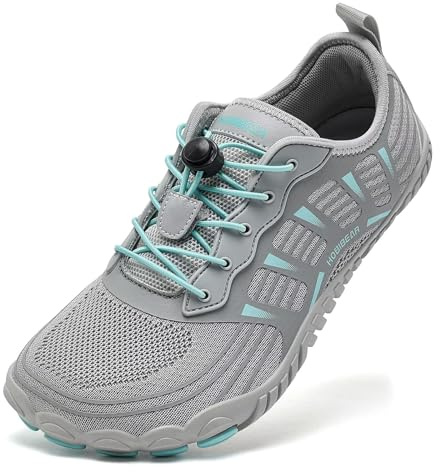 HOBIBEAR Zapatillas anchas unisex para hombres y mujeres para exteriores, trail running, zapatos minimalistas para caminar, ligeros y transpirables, gris claro, 38.5 EU