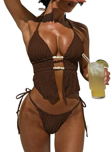 ZAFUL Halter Bikini Sets for Women Textured Backless Two Piece Swimsuit Cheeky High Cut String Tie Side Bathing Suits 0-Brown S