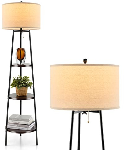 COSTWAY Lámpara de Pie con Repisa, Lámpara de Pie con Estantes de Almacenamiento y Pantalla de Lino para Interiores, Moderna Lampara de Pie para Sala de Estar, Dormitorio y Oficina, Negro