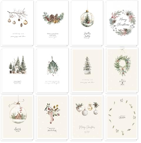 Beafaeur Tarjetas de Navidad Sobres Papel (24 Unidades), Tarjetas Plegables A6, Christmas Cards y Pegatinas, Tarjetas Postales de Navidad Adecuadas Para, Amigos y Compañeros de Trabajo Mini (Blanco)