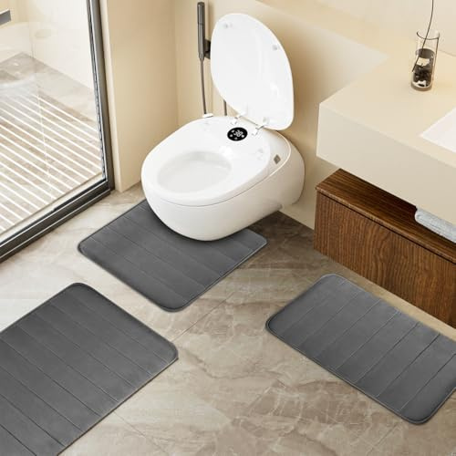 RANJIMA Badezimmerteppich Set 3 Teilig, rutschfest Saugfähig, Schaum Badematte und U Förmige für Dusche, WC & Badewanne (Dunkelgrau)