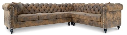 Brown Faux Leather Chesterfield Corner Sofa 6 Seater 293 x 233 Cm - L Shaped Right Hand Corner Sofa Suite for Lounge Living Room Office Gentlemen’s Club , Solid Wood Frame Couch with Buttons & Studs ,