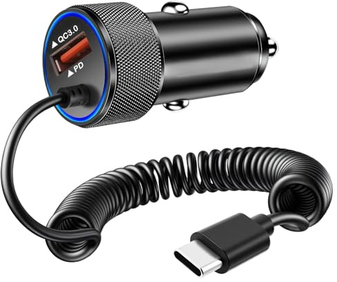 Adaptador USB para encendedor de cigarrillos, 3,4 A, cargador rápido para coche USB C con cable en espiral de 1,2 m, cargador rápido para Samsung Galaxy S25 Ultra/S24/S23/A56 5G/A55/A54, iPhone 17/16