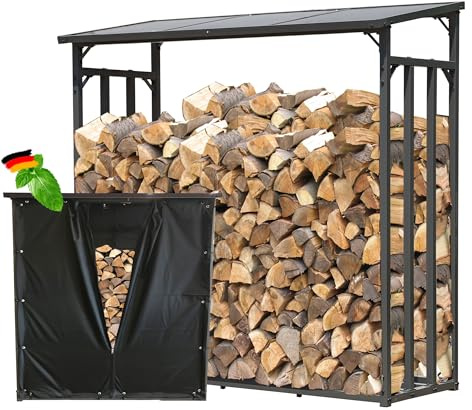 Metall vedhylla utomhus 185 x 70 x 185 cm med väderskydd svart, basic – 30 mm stålprofil, antracit, väderbeständig, kapacitet 2,3 m³ (3,5 SRM), XXL trädgård vedskydd stapelstöd