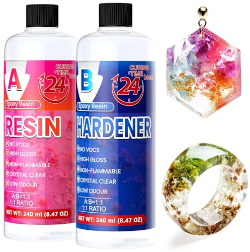 Epoxy Resin - 480ml Crystal Clear Resin Kit for Jewellery Making, DIY Art Craft, Coasters, Casting, Ornament, Mold, Low Odour, Non-Toxic, Self-Leveling Epoxy for Beginners